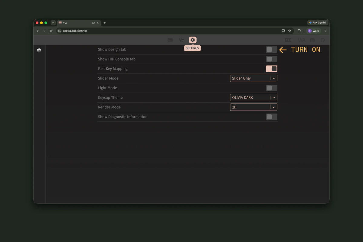 Turn on the Design tab in VIA's Settings.