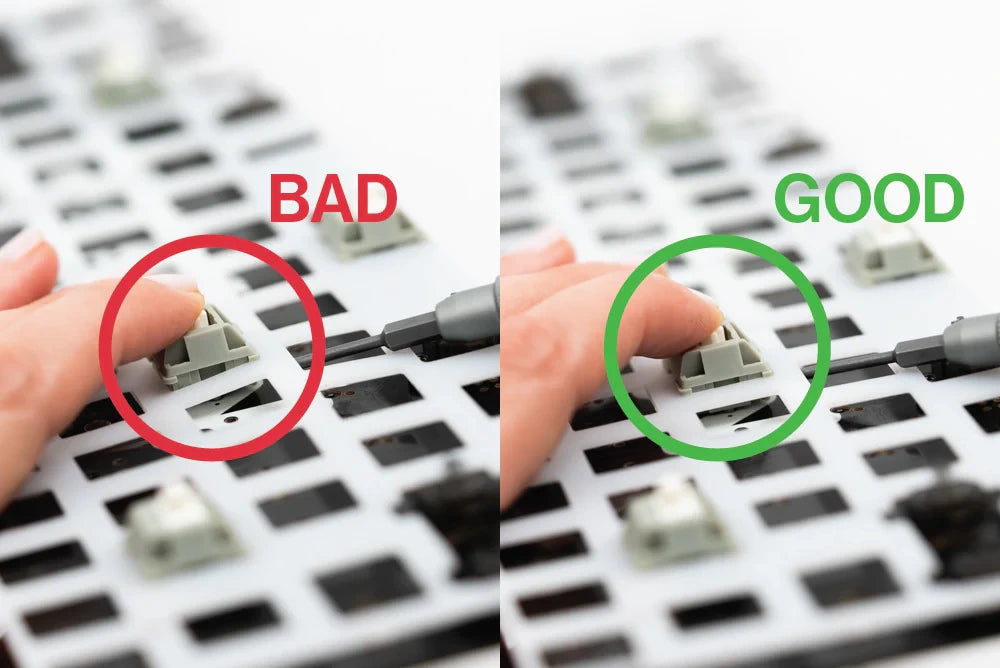 Bad vs. good: a switch not fully seated on a soft plate, and one seated flat.